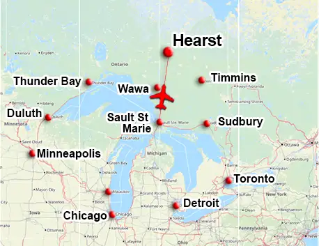 Charter flight route to Hearst Ontario